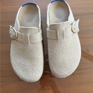 Rothy's beige buckle clogs